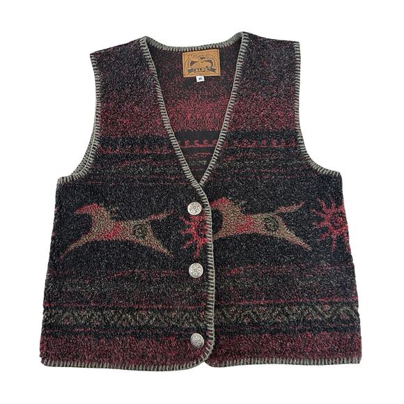 Alps Pile Fleece Button Vest Womens Size M Black & Red Aztec Vintage Made in USA - Picture 1 of 5